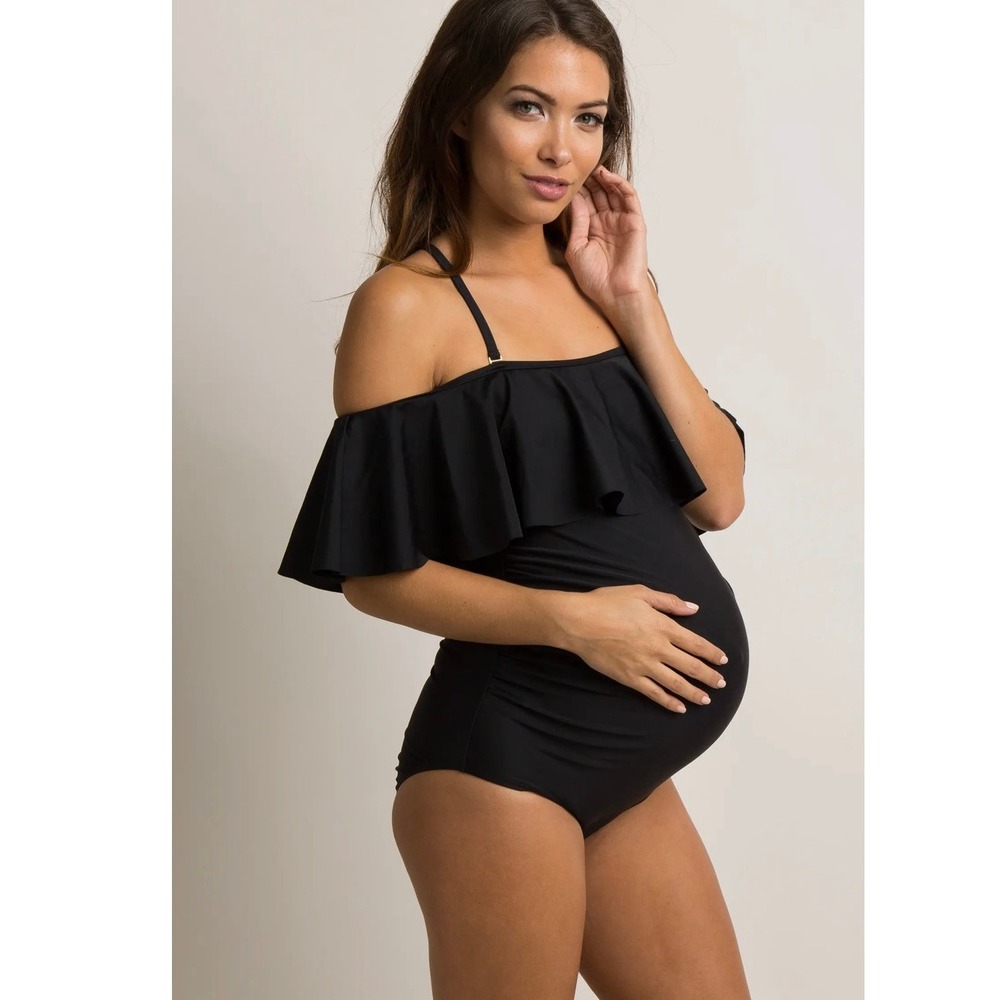 PinkBlush Maternity Ruffle Off Shoulder One Piece Swimsuit Black Medium EBM1000